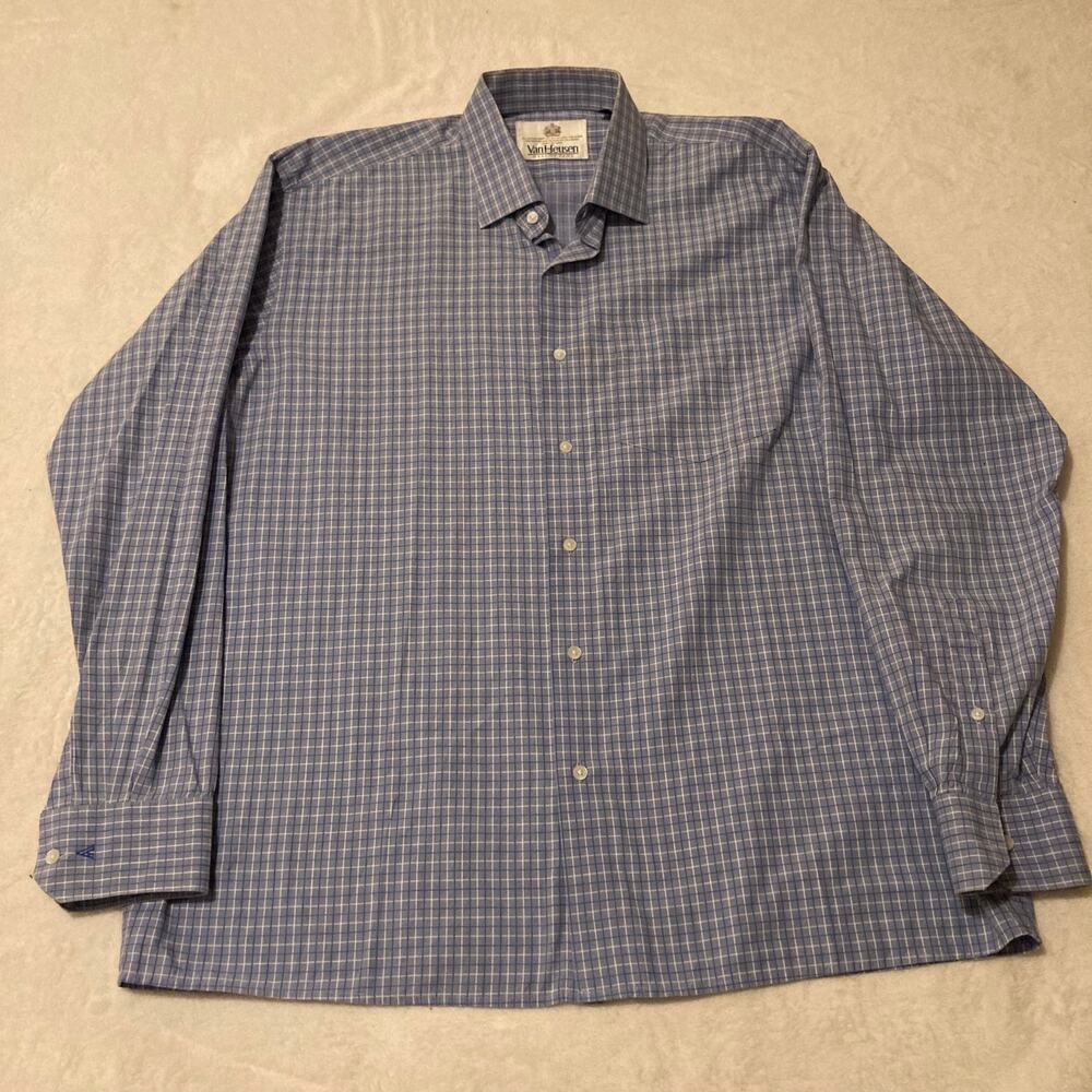 Van Heusen Hall of Fame Men's Dress Shirt Blue White Checkered Plaid Sz 44